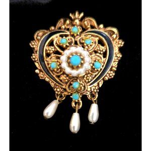 Florenza Gold Heart Brooch Faux Pearls & Turquoise Accents Dangling Charms Vint